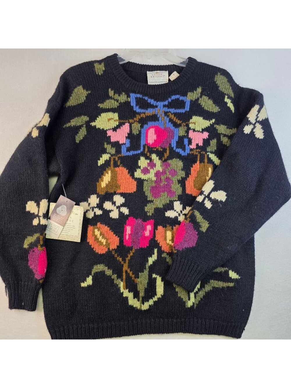 Vintage Susan Bristol Cottagecore Sweater 38 Black Wool Floral Prairie Granny